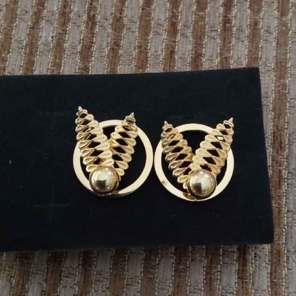 Gold Architectural Hoop Earrings with Geometric Design Screw Backs